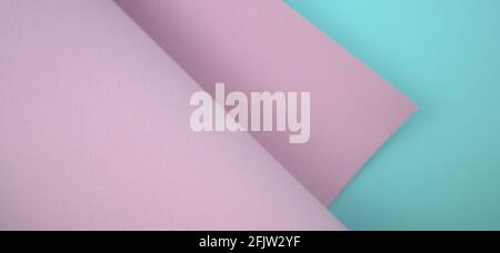 Rolled and folded pastel purple paper on aquamarine blue abstract background. Stock Photo