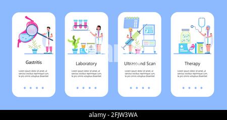 Stomach ulcer, colic concept vector app. Abdominal ultrasound concept vector. Tiny doctors research stomach, treat gastritis. Gastroenterology illustr Stock Vector