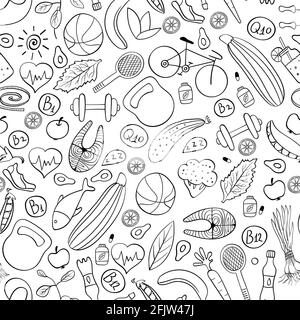 Healthy lifestyle seamless pattern. Black doodles on white background. Vector illustration. Stock Vector