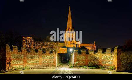 Chichester, UK - November 13, 2020:  Night views of Chichester cathedral and the market cross, West Sussex, UK Stock Photo