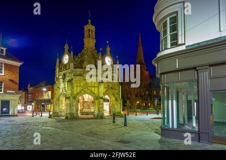 Chichester, UK - November 13, 2020:  Night views of Chichester cathedral and the market cross, West Sussex, UK Stock Photo