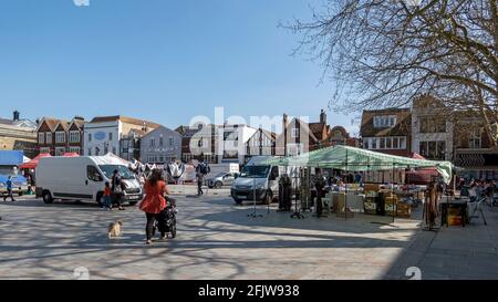 Salisbury, Wiltshire, England, UK. 2021. Activity around closing time of the Saturday market on Market Square in the city centre, Stock Photo