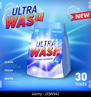 Advirtising template for laundry detergent in soft package container, with realistic soap foam and soap bubbles. Sun flare light. Stock Vector