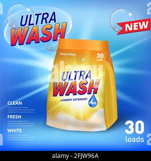 Advirtising template for laundry detergent in soft package container, with realistic soap foam and soap bubbles. Sun flare light. Stock Vector