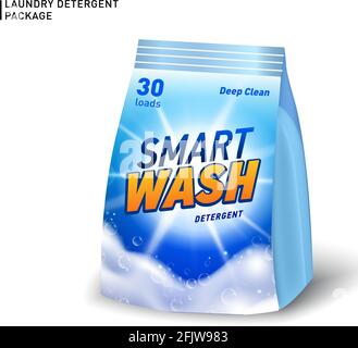 Realistic soft container for detergent. Detergent package template with designed logo and realistic soap foam. Stock Vector