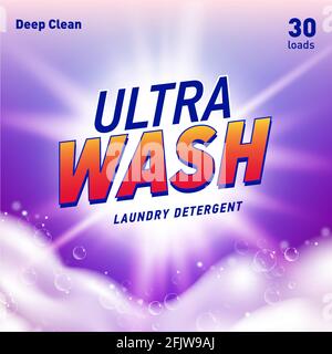 Detergent package design template with lens flare and realistic soap foam. Stock Vector