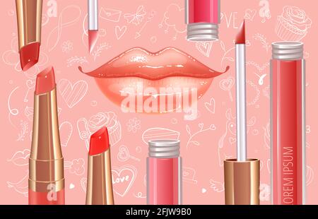 Ad concept template for liquid lipstick with cute doodles, lisptick container and realistic glossy shining lips. Stock Vector