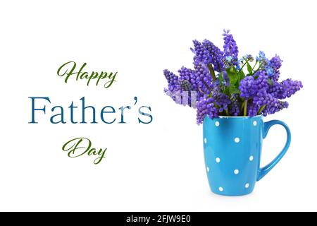 Fathers Day card with muscari flowers in the mug isolated on white background Stock Photo