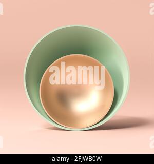 abstract background of gold and green bowls on a pink background. 3d render. Stock Photo