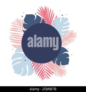 Dark round empty shape with frame of tropical plants isolated on white backdrop Stock Vector