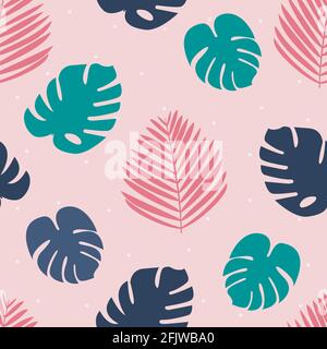 Cute seamless pattern with colorful monstera and palm leaves on dotted pink background Stock Vector