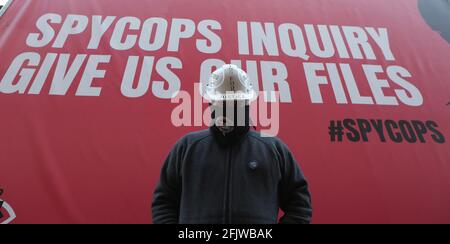 Demonstrators outside the Amba Hotel at Marble Arch, London, where the Undercover Policing Inquiry are holding hearings looking at the activities of the Met’s Special Demonstration Squad (SDS) between 1973 and 1982. Picture date: Monday April 26, 2021. Stock Photo