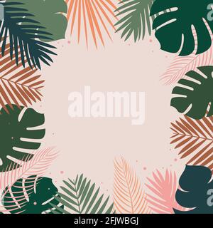 Different tropical leaves and plants on light pink background Flat design Stock Vector