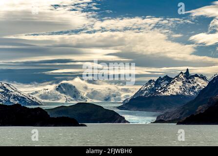 View of glacier at Lake grey and Isla de Los Hielos, Torres del Paine National Park, in Chile, South America Stock Photo