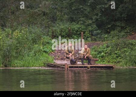 Reconstruction of the times of the Great Patriotic War. Russian soldiers are resting before the battle. Moscow Russia September 16, 2017 Stock Photo