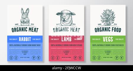Farm fresh meat products package label or sticker template. Vector hand ...