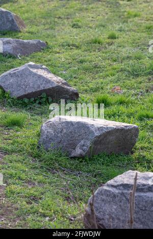 large stones on green grass. Background, copy space spring. Stock Photo
