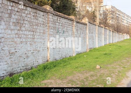 street old white brick fence with grass. Copy space texture green hedge or Green leaves fence on White brick wall background Stock Photo