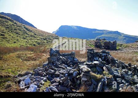 Old stone slate quarry buildings on Moelwyn Mawr, Croesor Stock Photo