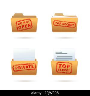 Bright yellow folder icons with documents, archive folders with red top secret stamp isolated on white Stock Vector