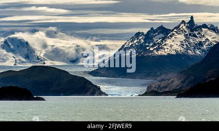 View of glacier at Lake grey and Isla de Los Hielos, Torres del Paine National Park, in Chile, South America Stock Photo