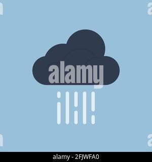A dark cloud with vertical rain is isolated on a solid blue background. Flat vector illustration of a weather icon. Editable stroke. Stock Vector