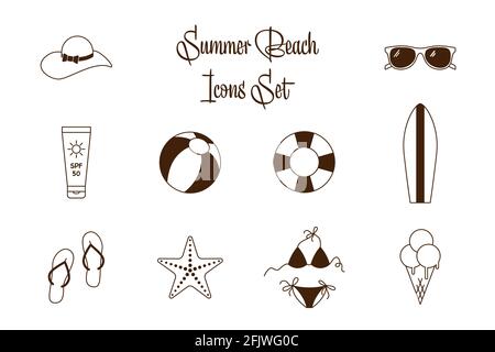 Black and White vector collection of sea vacation flat icons. Outline summer icons for holiday beach leisure Stock Vector