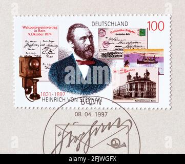 Cancelled postage stamp printed by Germany, that shows general post director for the German Empire Heinrich von Stephan, circa 1997. Stock Photo