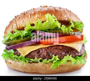 Delicious hamburger with beef cutlet, vegetables and onions isolated on a white background. Fast food concept. Stock Photo