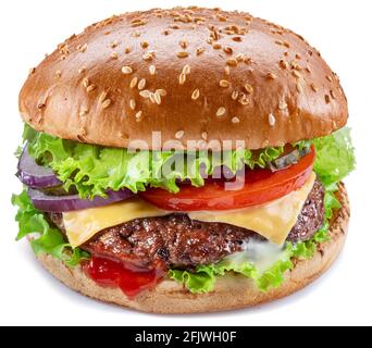 Delicious hamburger with beef cutlet, vegetables and onions isolated on a white background. Fast food concept. Stock Photo