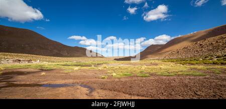 View from the Route B 245 at sunrise, a scenic road in the north of Chile. The road runs from San Pedro de Atacama to El Tatio Geysers, near the borde Stock Photo