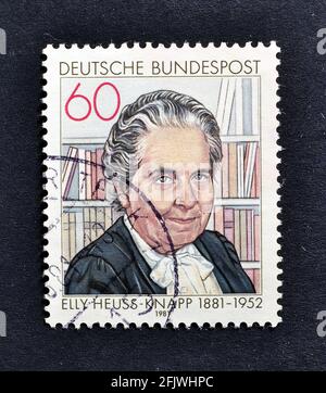 Cancelled postage stamp printed by Germany, that shows German politician Elly Heuss-Knapp (1881-1952), circa 1981.