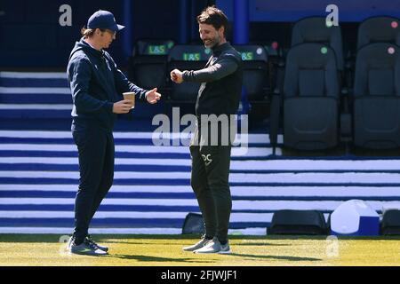 Manager of Bristol Rovers, Joey Barton (L) and Manager of Portsmouth, Danny Cowley (R) - Portsmouth v Bristol Rovers, Sky Bet League One, Fratton Park, Portsmouth, UK - 24th April 2021  Editorial Use Only - DataCo restrictions apply Stock Photo
