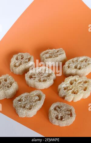 Natural loofah sponges in orange background. Stock Photo
