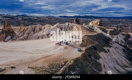 Cappadocia, Turkey. Retro american blue car in the desert during sunset. High quality photo Stock Photo