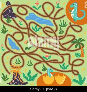 Help dinosaur find path to nest. Labyrinth. Maze game for kids. Help dino moms to find their eggs kid learning game with maze Stock Vector