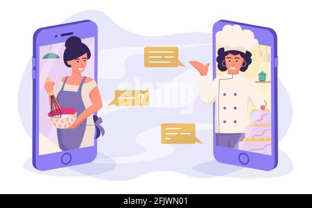 Online culinary master class - a young woman cooks and asks the cook on the phone in an online cooking workshop chat while streaming using the phone Stock Vector