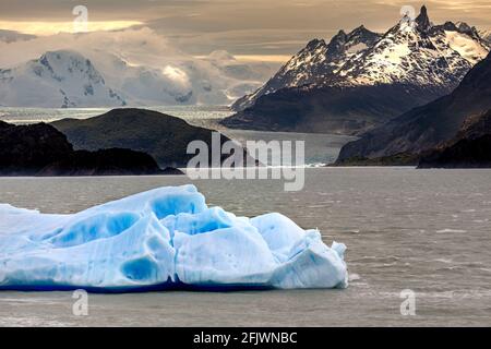 View of glacier at Lake grey and Isla de Los Hielos, Torres del Paine National Park, in Chile, South America Stock Photo