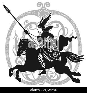 Viking design. Valkyrie on a warhorse, illustration to Scandinavian mythology Stock Vector