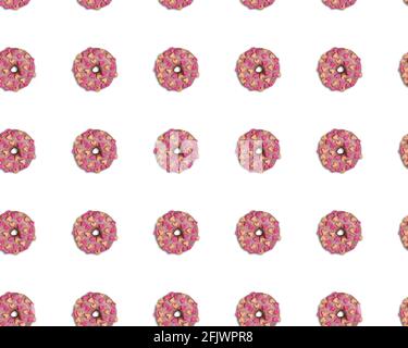 Seamless pattern with doughnuts glazed with pink chocolate and peach and pink marshmallow hearts on white background. Sweet Valentine concept. Straigh Stock Photo