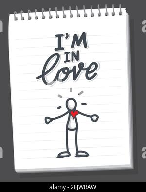 Stick figure with text i'm in love. Hand drawn figure with red heart. Hand lettering. Vector print illustration.  Stock Vector