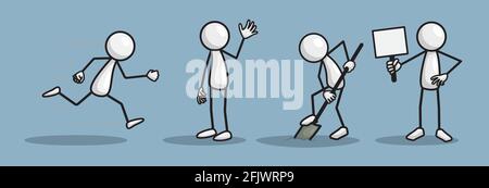 Set of stick figures in different poses on colored background. Vector print illustration. Stock Vector