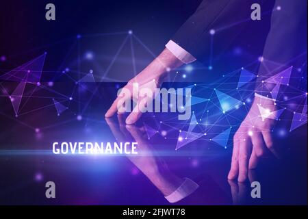 Businessman touching huge screen concept Stock Photo