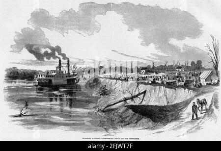 Engraving of the paddle steamer Hamburg landing at the Commissary depot on the Tennessee during the American civil war: Stock Photo