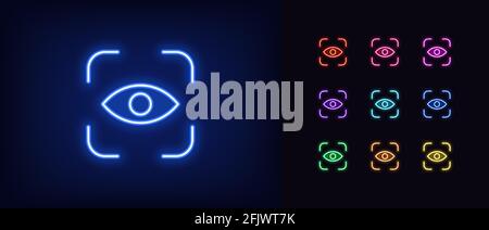 Neon eye identify icon. Glowing neon eye scanner sign, outline iris recognition pictogram in vivid color. Personal biometric data, identification and Stock Vector