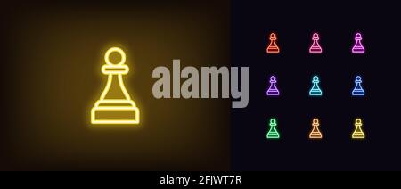 Neon chessmen pawn icon. Glowing neon pawn sign, outline chess piece, silhouette in vivid colors. Online chess game, strategy tactics on chessboard, c Stock Vector