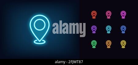 Neon map pin icon. Glowing neon marker sign, outline pointer pictogram in vivid color. Navigation mark, destination point, location marker, address pl Stock Vector