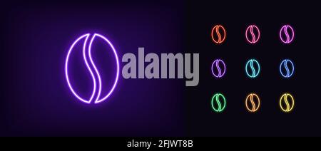 Neon coffee bean icon. Glowing neon coffee seed sign, outline wholegrain bean pictogram and silhouette in vivid colors. Organic product, coffee shop. Stock Vector