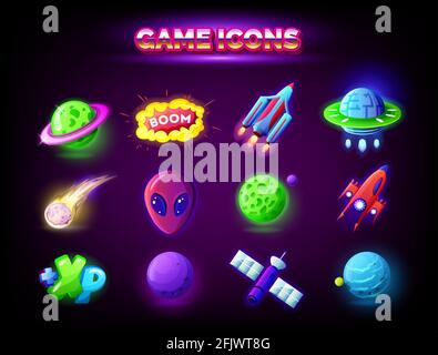 Mobile game icons set. GUI elements for mobile app, vector illustration in cartoon style - Comet, green planet, alien ship, space shuttle, rocket, exp Stock Vector
