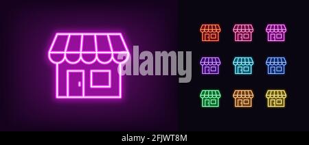 Neon small shop icon. Glowing neon store sign, outline storefront pictogram in vivid color. Online shop, web store, internet market and trade. Vector Stock Vector
